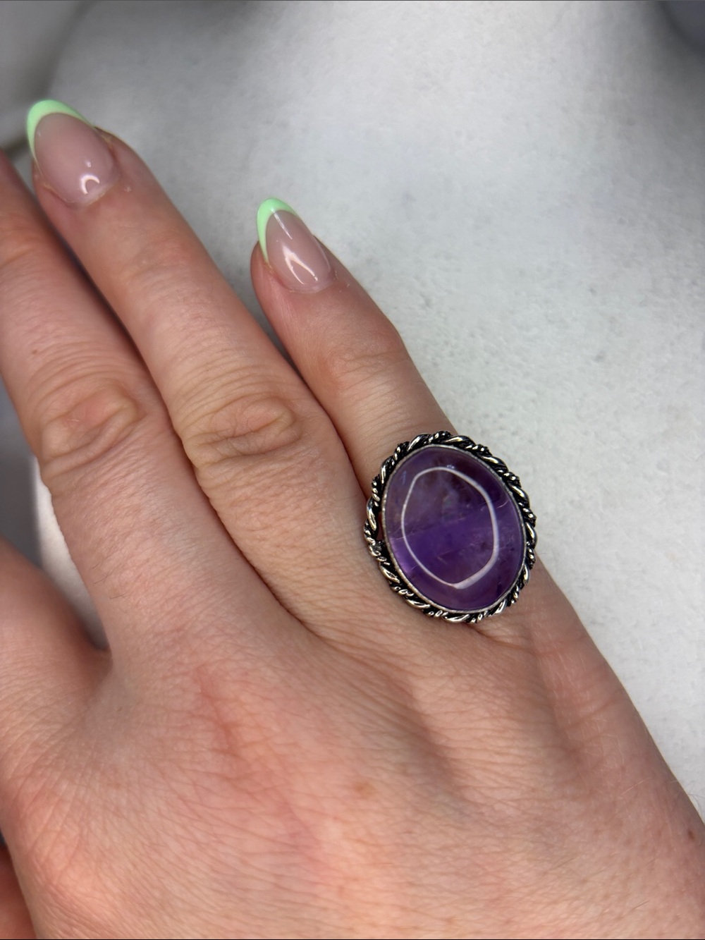 Silver rainbow Amethyst Oval Statement Ring - Purple